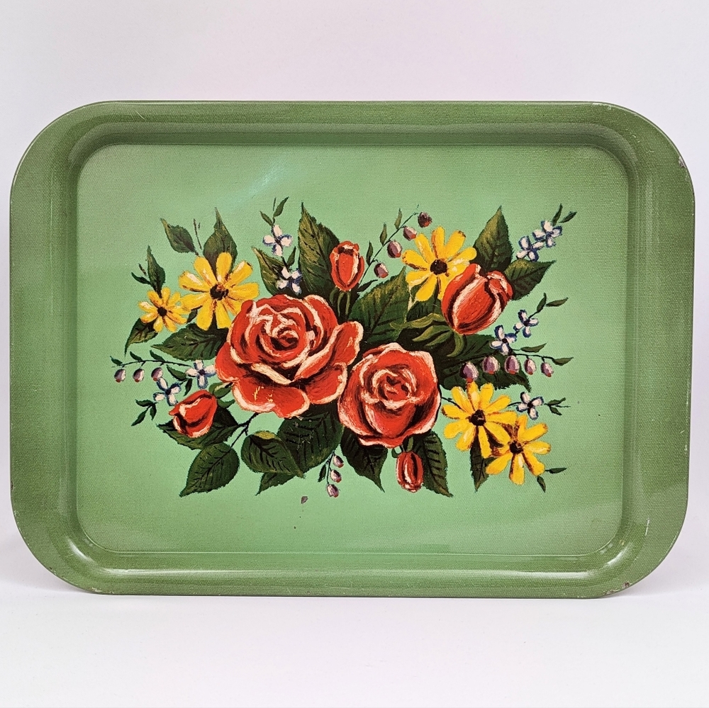 #1 Vintage Tole Painted Metal Tray Retro Floral Roses Cottage Farmhouse Country